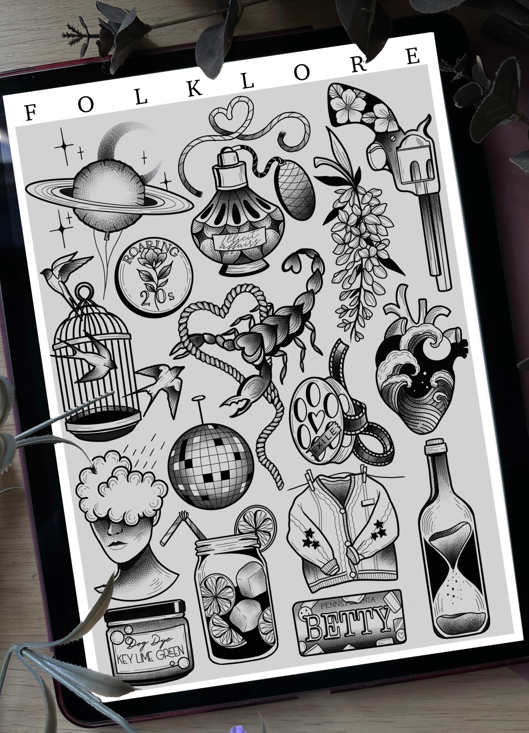 Taylor Swift Folklore Tattoo Style Flash Sheet LilyJTattooprints