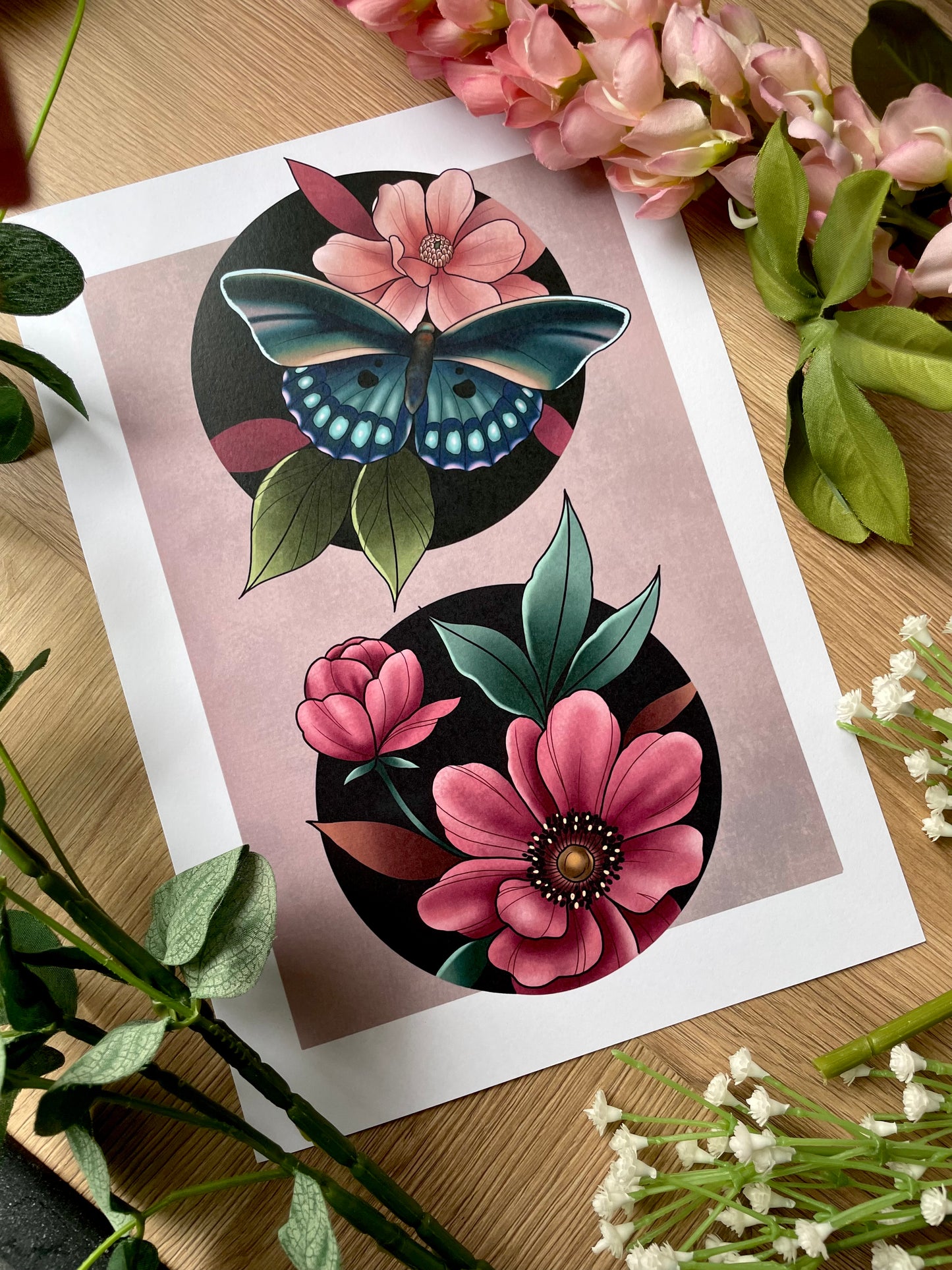 Tattoo Style Cute Butterfly and Flower Print