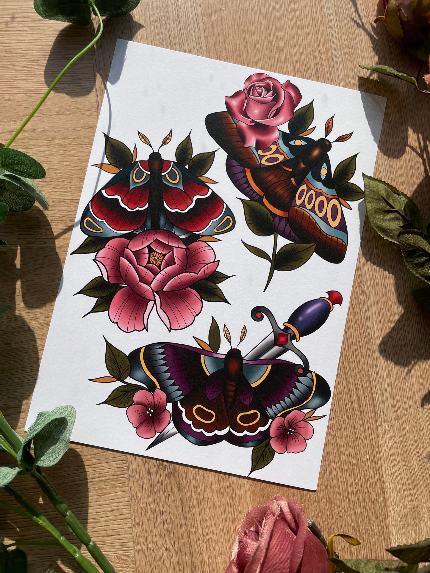 Cute Tattoo Style Moths Flash Sheet Illustrations Print