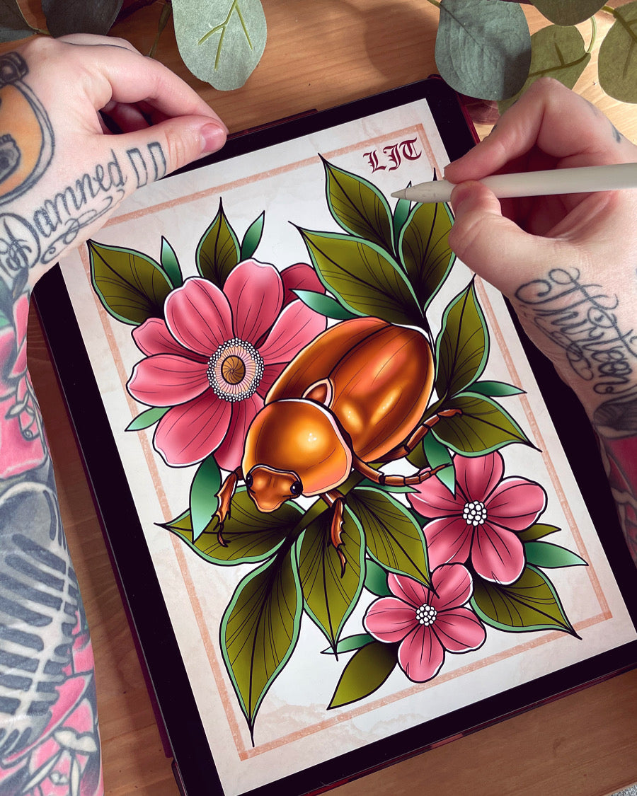 Neo-Traditional Tattoo Style Beetle Print