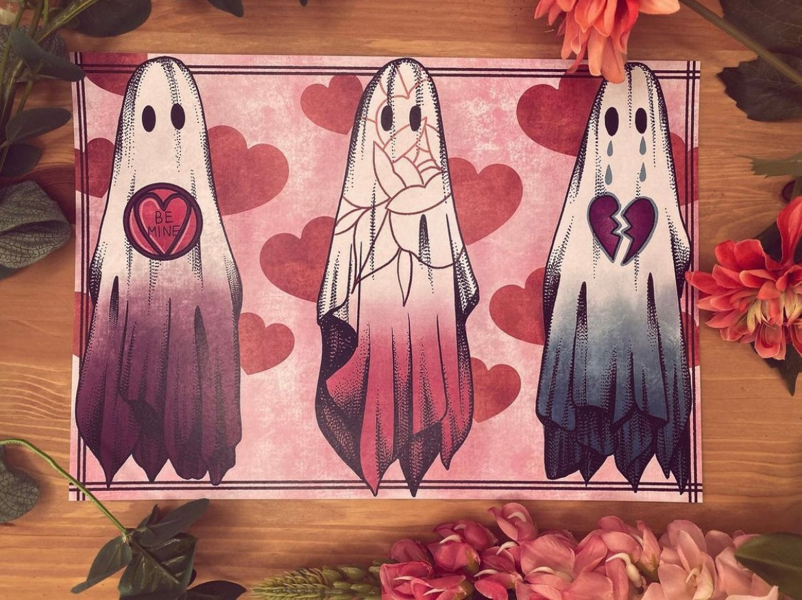 Spooky Tattoo Style Valentines Ghosts Prints Cute Crying Ghostie