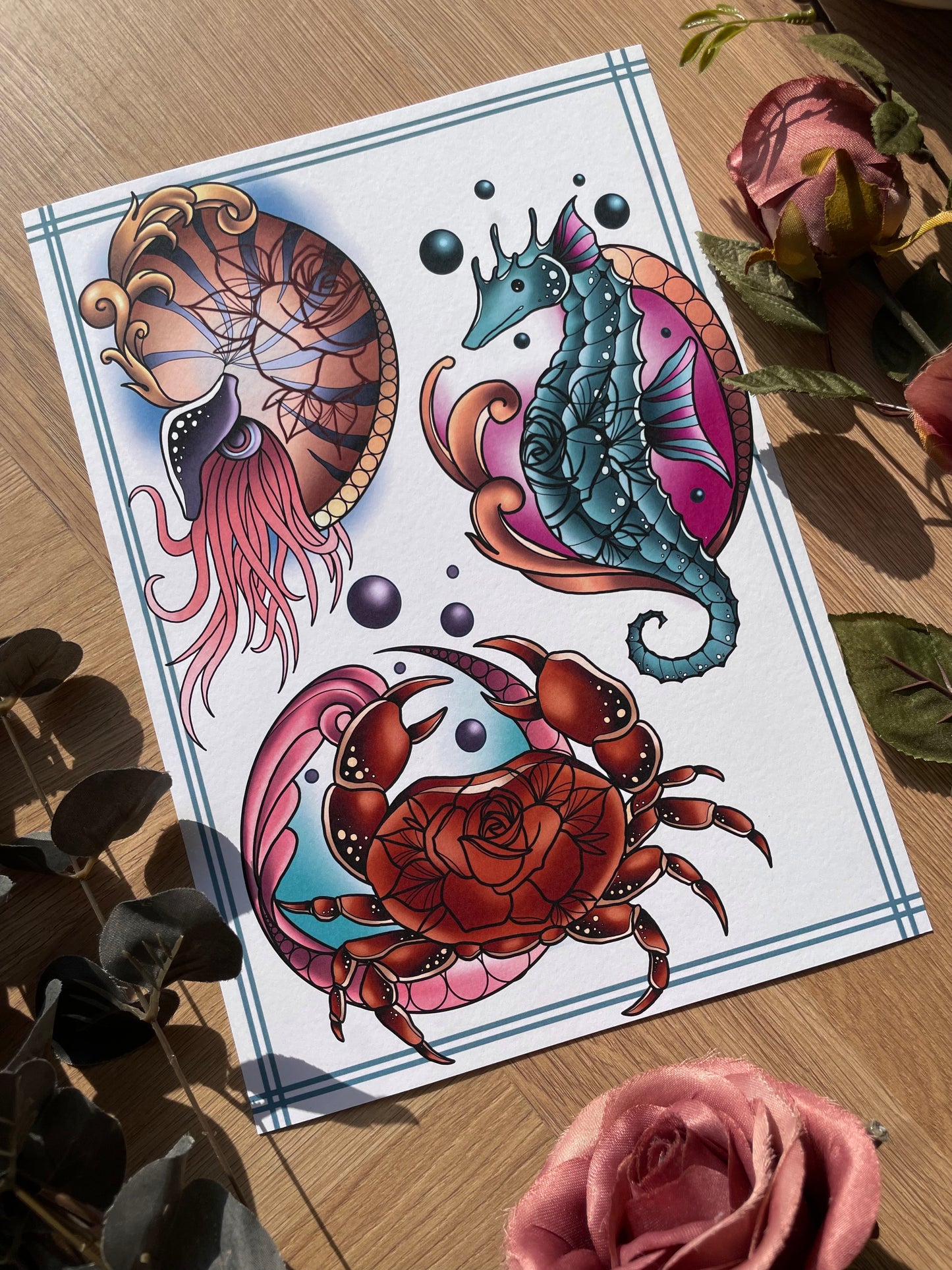 Cute Tattoo Style Sea Creatures Flash Sheet Illustrations Print